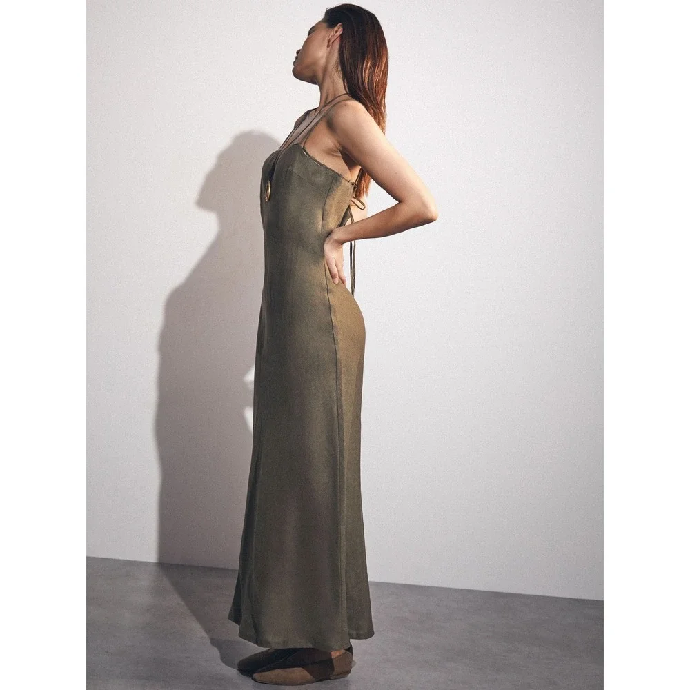 Reiss Roxanne Linen Double-Strap Slip Dress Khaki Size 4 NWT $275 - Picture 5 of 8